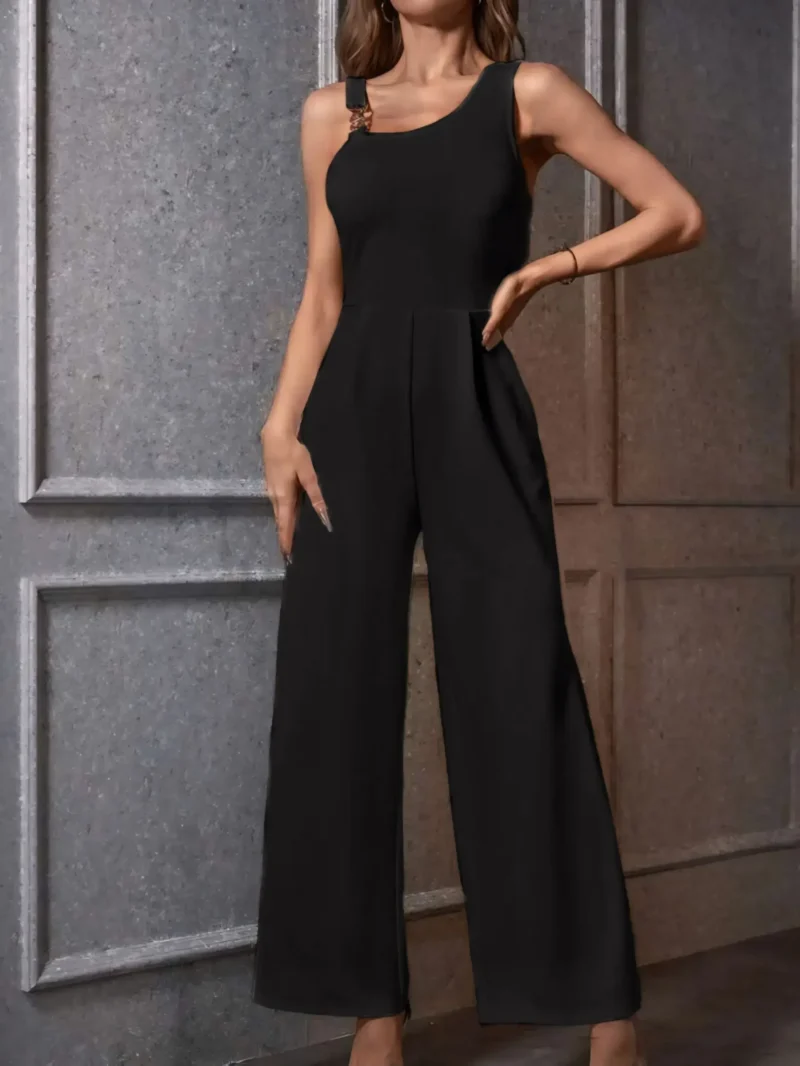 Black Solid Asymmetrical Neck Plicated Detail Wide Leg Jumpsuit - Image 4