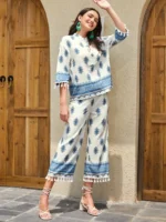 Blossom Breeze Ensemble Boho Floral Print Tassel Trim Blouse and Pants